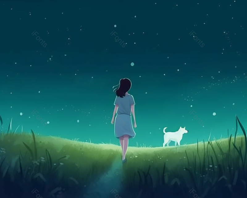 宁静的夜晚遥望星空的女孩和白色小狗,插画/手绘图,插画/手绘图库,插画/手绘图下载,插画/手绘